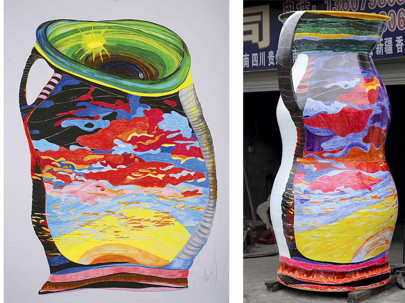 OPEN SHAPE 19 / Uli Aigner 2014 / 180 x 270 cm / colored crayon on paper & ONE MILLION - item 2361 - monument porcelain vessel / Uli Aigner 2017 / 230 x 113 cm / glaze painting